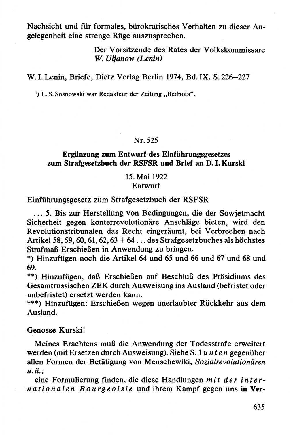 Lenin und die Gesamtrussische Tscheka, Dokumentensammlung, Ministerium für Staatssicherheit (MfS) [Deutsche Demokratische Republik (DDR)], Juristische Hochschule (JHS) Potsdam 1977, Seite 635 (Tscheka Dok. MfS DDR 1977, S. 635)