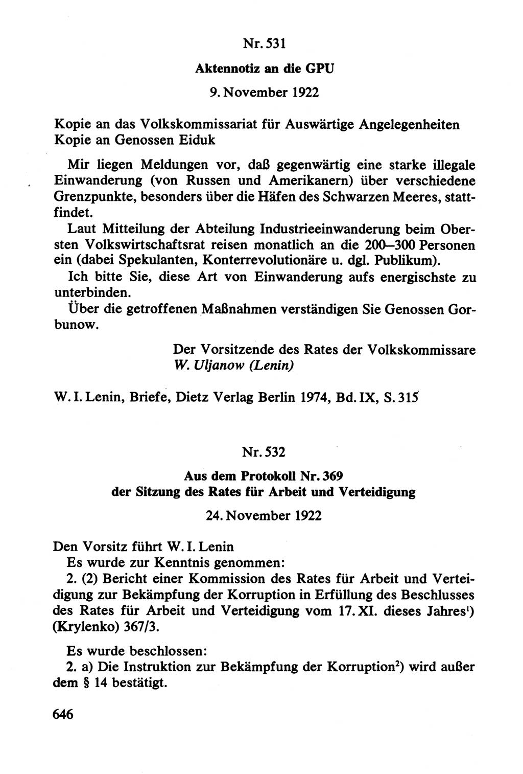 Lenin und die Gesamtrussische Tscheka, Dokumentensammlung, Ministerium für Staatssicherheit (MfS) [Deutsche Demokratische Republik (DDR)], Juristische Hochschule (JHS) Potsdam 1977, Seite 646 (Tscheka Dok. MfS DDR 1977, S. 646)