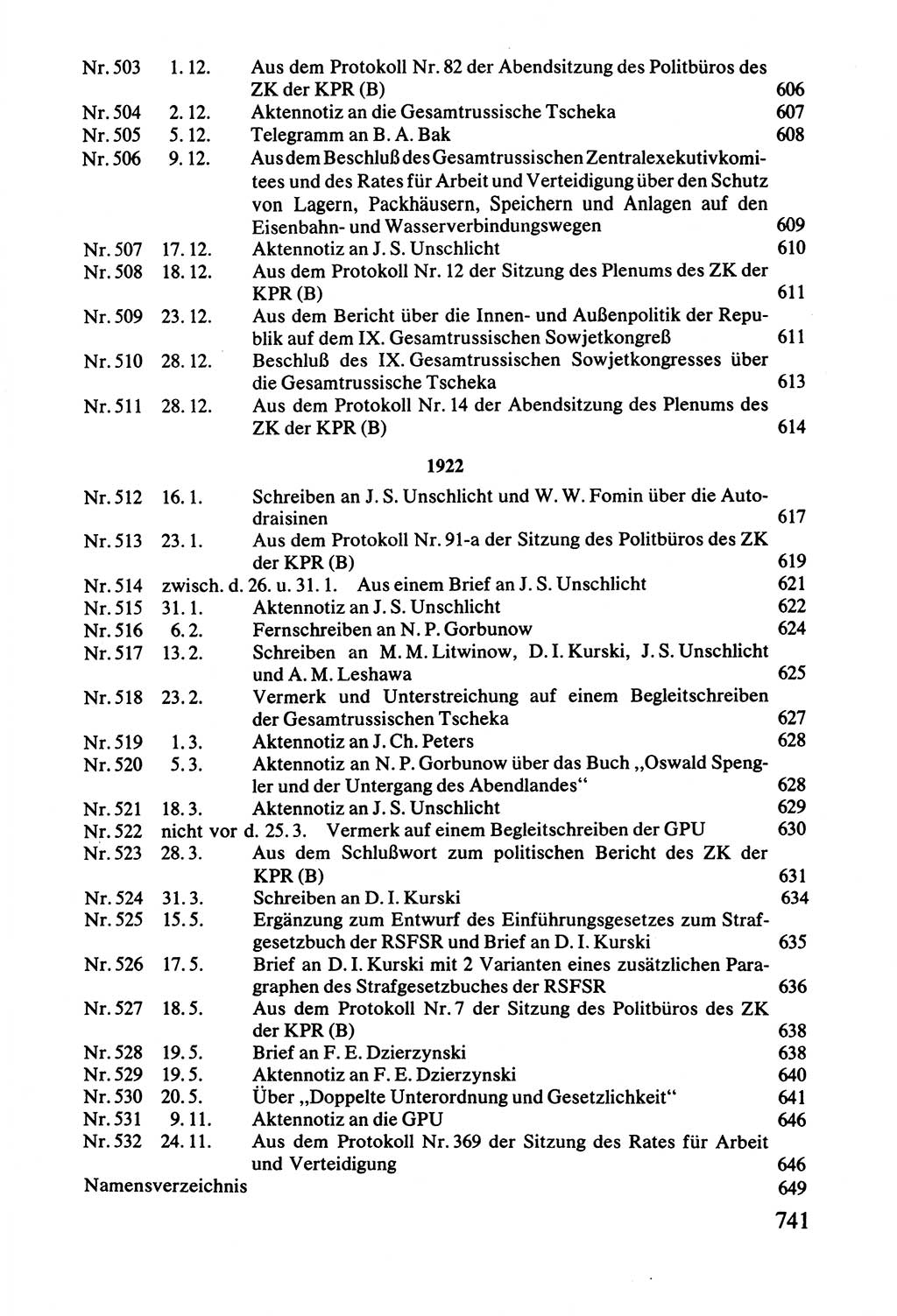 Lenin und die Gesamtrussische Tscheka, Dokumentensammlung, Ministerium für Staatssicherheit (MfS) [Deutsche Demokratische Republik (DDR)], Juristische Hochschule (JHS) Potsdam 1977, Seite 741 (Tscheka Dok. MfS DDR 1977, S. 741)