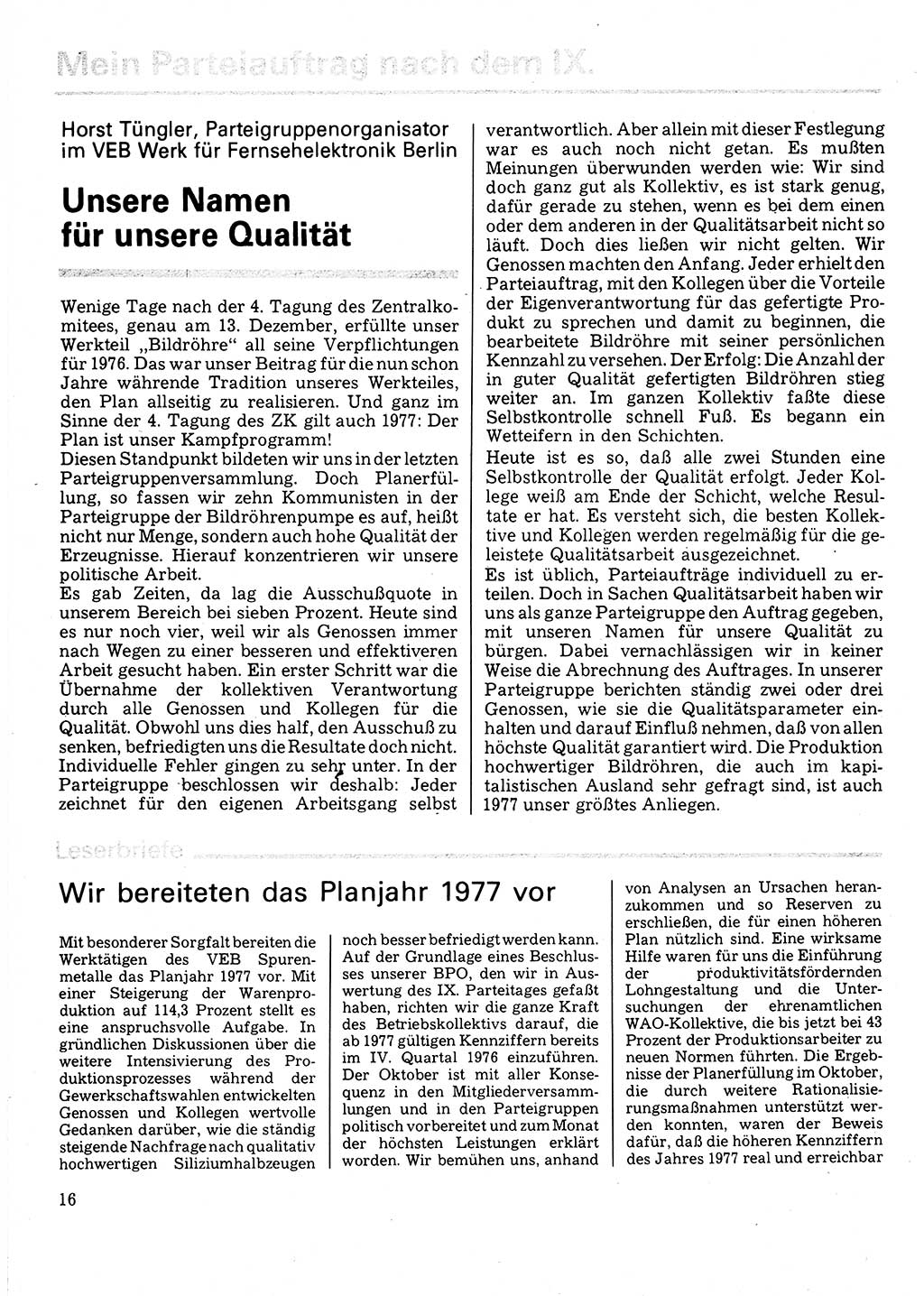 Neuer Weg (NW), Organ des Zentralkomitees (ZK) der SED (Sozialistische Einheitspartei Deutschlands) für Fragen des Parteilebens, 32. Jahrgang [Deutsche Demokratische Republik (DDR)] 1977, Seite 16 (NW ZK SED DDR 1977, S. 16)