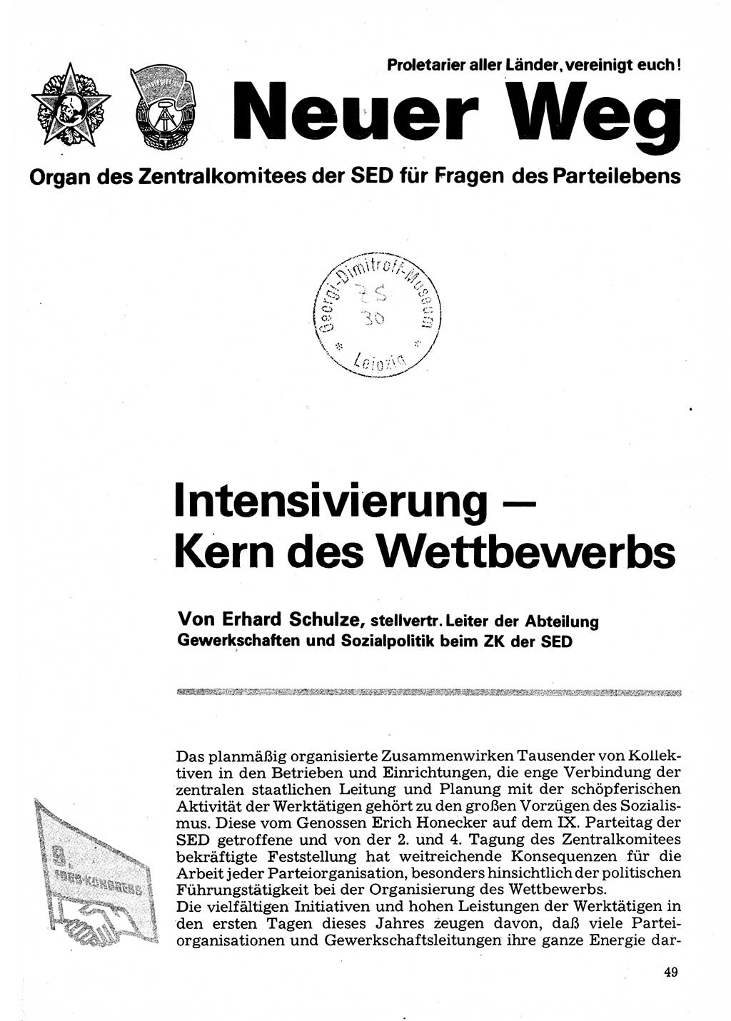 Neuer Weg (NW), Organ des Zentralkomitees (ZK) der SED (Sozialistische Einheitspartei Deutschlands) für Fragen des Parteilebens, 32. Jahrgang [Deutsche Demokratische Republik (DDR)] 1977, Seite 49 (NW ZK SED DDR 1977, S. 49)