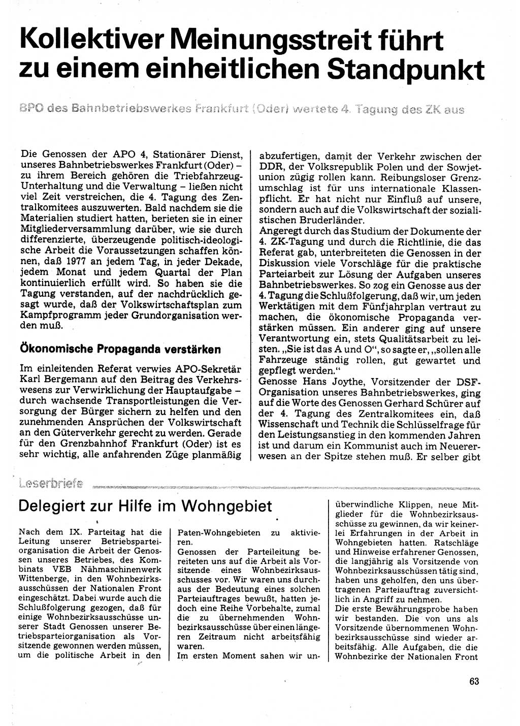 Neuer Weg (NW), Organ des Zentralkomitees (ZK) der SED (Sozialistische Einheitspartei Deutschlands) für Fragen des Parteilebens, 32. Jahrgang [Deutsche Demokratische Republik (DDR)] 1977, Seite 63 (NW ZK SED DDR 1977, S. 63)