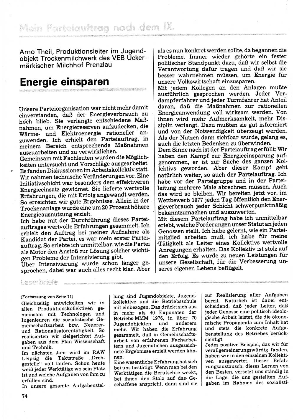 Neuer Weg (NW), Organ des Zentralkomitees (ZK) der SED (Sozialistische Einheitspartei Deutschlands) für Fragen des Parteilebens, 32. Jahrgang [Deutsche Demokratische Republik (DDR)] 1977, Seite 74 (NW ZK SED DDR 1977, S. 74)