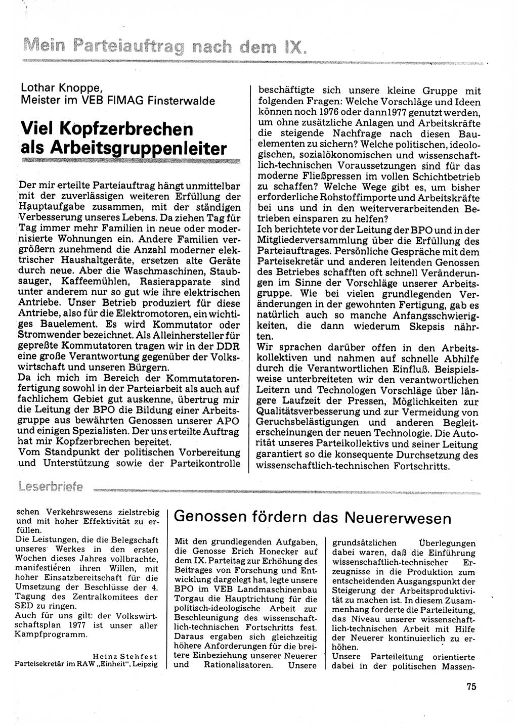 Neuer Weg (NW), Organ des Zentralkomitees (ZK) der SED (Sozialistische Einheitspartei Deutschlands) für Fragen des Parteilebens, 32. Jahrgang [Deutsche Demokratische Republik (DDR)] 1977, Seite 75 (NW ZK SED DDR 1977, S. 75)