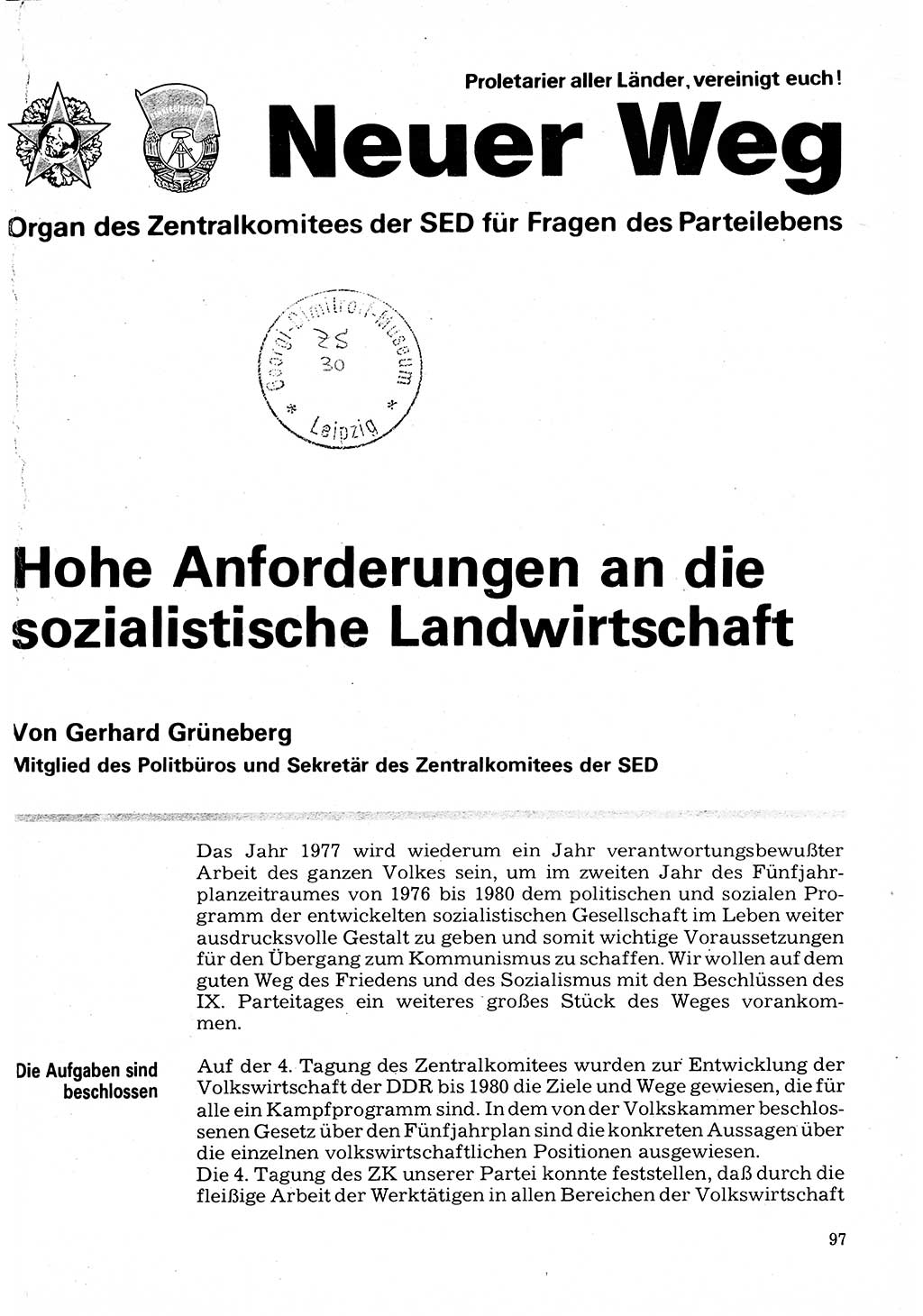 Neuer Weg (NW), Organ des Zentralkomitees (ZK) der SED (Sozialistische Einheitspartei Deutschlands) für Fragen des Parteilebens, 32. Jahrgang [Deutsche Demokratische Republik (DDR)] 1977, Seite 97 (NW ZK SED DDR 1977, S. 97)