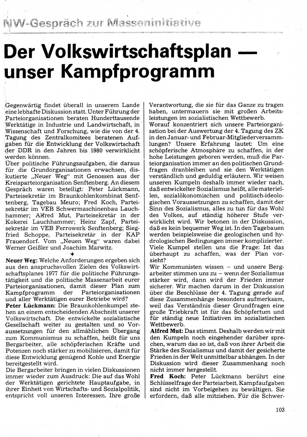 Neuer Weg (NW), Organ des Zentralkomitees (ZK) der SED (Sozialistische Einheitspartei Deutschlands) für Fragen des Parteilebens, 32. Jahrgang [Deutsche Demokratische Republik (DDR)] 1977, Seite 103 (NW ZK SED DDR 1977, S. 103)