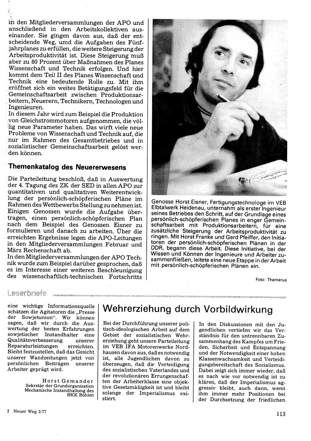 Neuer Weg (NW), Organ des Zentralkomitees (ZK) der SED (Sozialistische Einheitspartei Deutschlands) für Fragen des Parteilebens, 32. Jahrgang [Deutsche Demokratische Republik (DDR)] 1977, Seite 113 (NW ZK SED DDR 1977, S. 113)