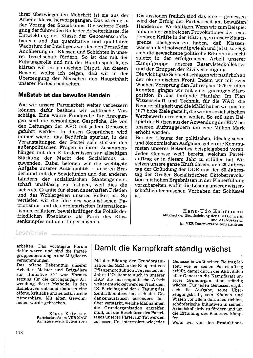 Neuer Weg (NW), Organ des Zentralkomitees (ZK) der SED (Sozialistische Einheitspartei Deutschlands) für Fragen des Parteilebens, 32. Jahrgang [Deutsche Demokratische Republik (DDR)] 1977, Seite 118 (NW ZK SED DDR 1977, S. 118)