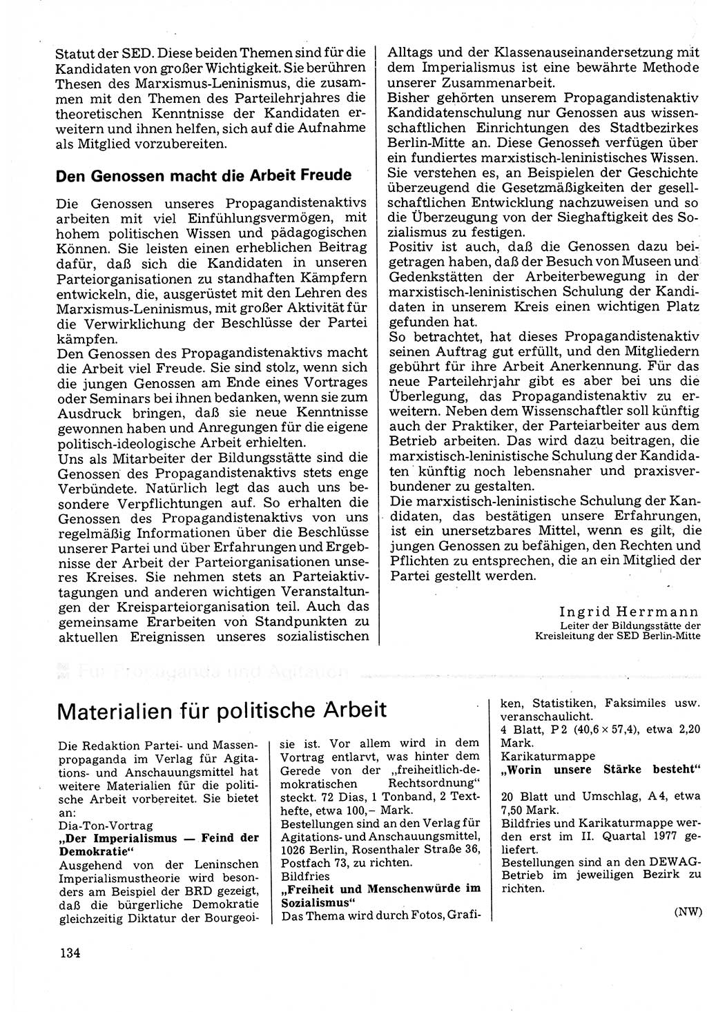 Neuer Weg (NW), Organ des Zentralkomitees (ZK) der SED (Sozialistische Einheitspartei Deutschlands) für Fragen des Parteilebens, 32. Jahrgang [Deutsche Demokratische Republik (DDR)] 1977, Seite 134 (NW ZK SED DDR 1977, S. 134)