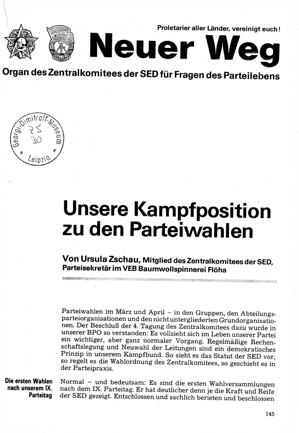 Neuer Weg (NW), Organ des Zentralkomitees (ZK) der SED (Sozialistische Einheitspartei Deutschlands) für Fragen des Parteilebens, 32. Jahrgang [Deutsche Demokratische Republik (DDR)] 1977, Seite 145 (NW ZK SED DDR 1977, S. 145)