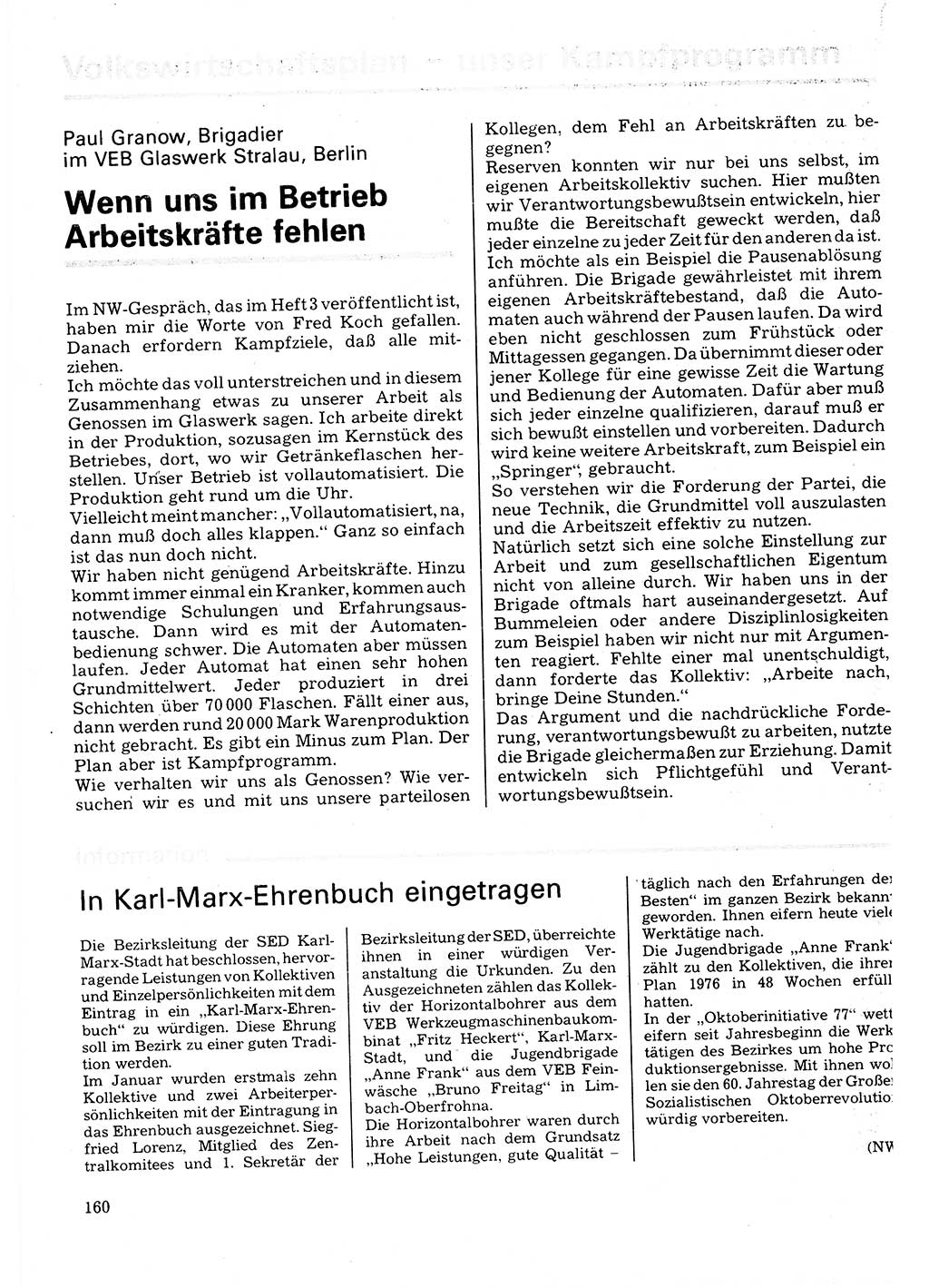 Neuer Weg (NW), Organ des Zentralkomitees (ZK) der SED (Sozialistische Einheitspartei Deutschlands) für Fragen des Parteilebens, 32. Jahrgang [Deutsche Demokratische Republik (DDR)] 1977, Seite 160 (NW ZK SED DDR 1977, S. 160)