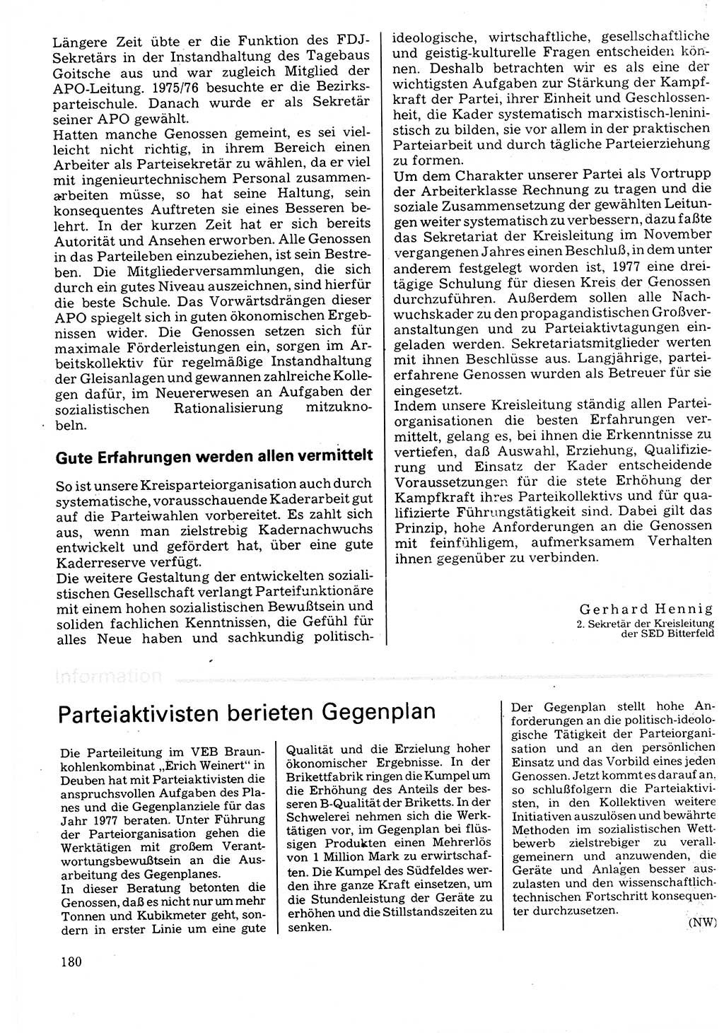 Neuer Weg (NW), Organ des Zentralkomitees (ZK) der SED (Sozialistische Einheitspartei Deutschlands) für Fragen des Parteilebens, 32. Jahrgang [Deutsche Demokratische Republik (DDR)] 1977, Seite 180 (NW ZK SED DDR 1977, S. 180)