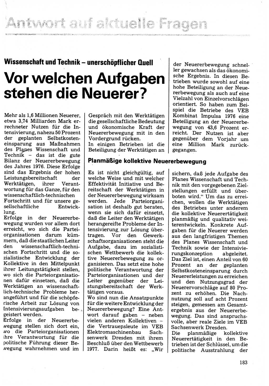 Neuer Weg (NW), Organ des Zentralkomitees (ZK) der SED (Sozialistische Einheitspartei Deutschlands) für Fragen des Parteilebens, 32. Jahrgang [Deutsche Demokratische Republik (DDR)] 1977, Seite 183 (NW ZK SED DDR 1977, S. 183)