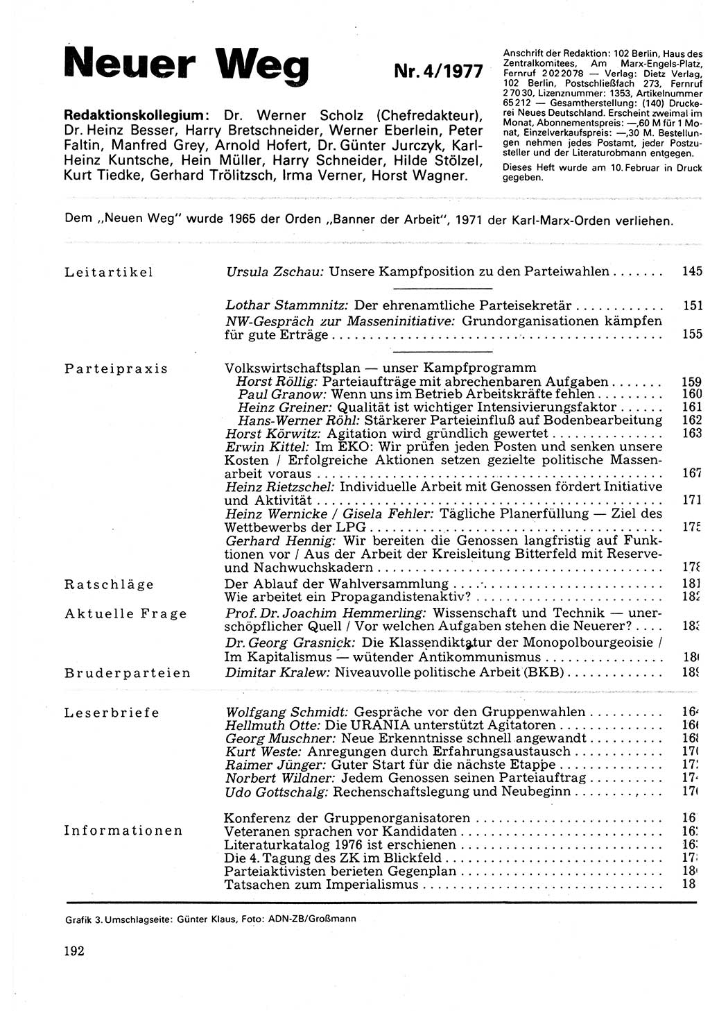 Neuer Weg (NW), Organ des Zentralkomitees (ZK) der SED (Sozialistische Einheitspartei Deutschlands) für Fragen des Parteilebens, 32. Jahrgang [Deutsche Demokratische Republik (DDR)] 1977, Seite 192 (NW ZK SED DDR 1977, S. 192)