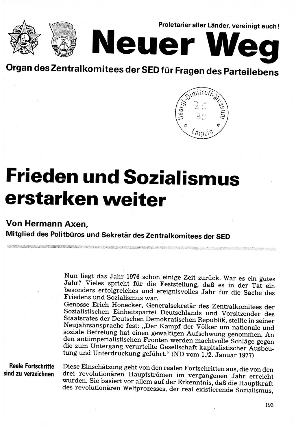 Neuer Weg (NW), Organ des Zentralkomitees (ZK) der SED (Sozialistische Einheitspartei Deutschlands) für Fragen des Parteilebens, 32. Jahrgang [Deutsche Demokratische Republik (DDR)] 1977, Seite 193 (NW ZK SED DDR 1977, S. 193)