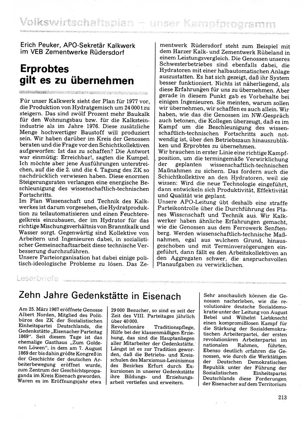 Neuer Weg (NW), Organ des Zentralkomitees (ZK) der SED (Sozialistische Einheitspartei Deutschlands) für Fragen des Parteilebens, 32. Jahrgang [Deutsche Demokratische Republik (DDR)] 1977, Seite 213 (NW ZK SED DDR 1977, S. 213)