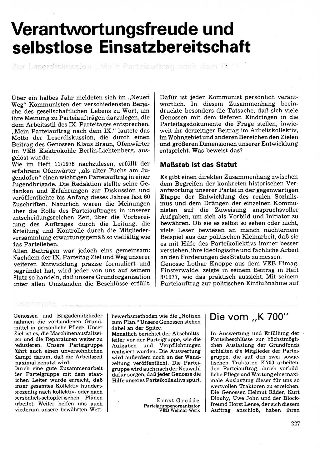 Neuer Weg (NW), Organ des Zentralkomitees (ZK) der SED (Sozialistische Einheitspartei Deutschlands) für Fragen des Parteilebens, 32. Jahrgang [Deutsche Demokratische Republik (DDR)] 1977, Seite 227 (NW ZK SED DDR 1977, S. 227)