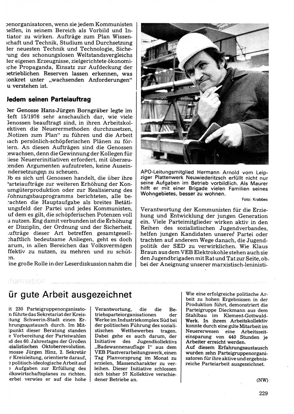 Neuer Weg (NW), Organ des Zentralkomitees (ZK) der SED (Sozialistische Einheitspartei Deutschlands) für Fragen des Parteilebens, 32. Jahrgang [Deutsche Demokratische Republik (DDR)] 1977, Seite 229 (NW ZK SED DDR 1977, S. 229)