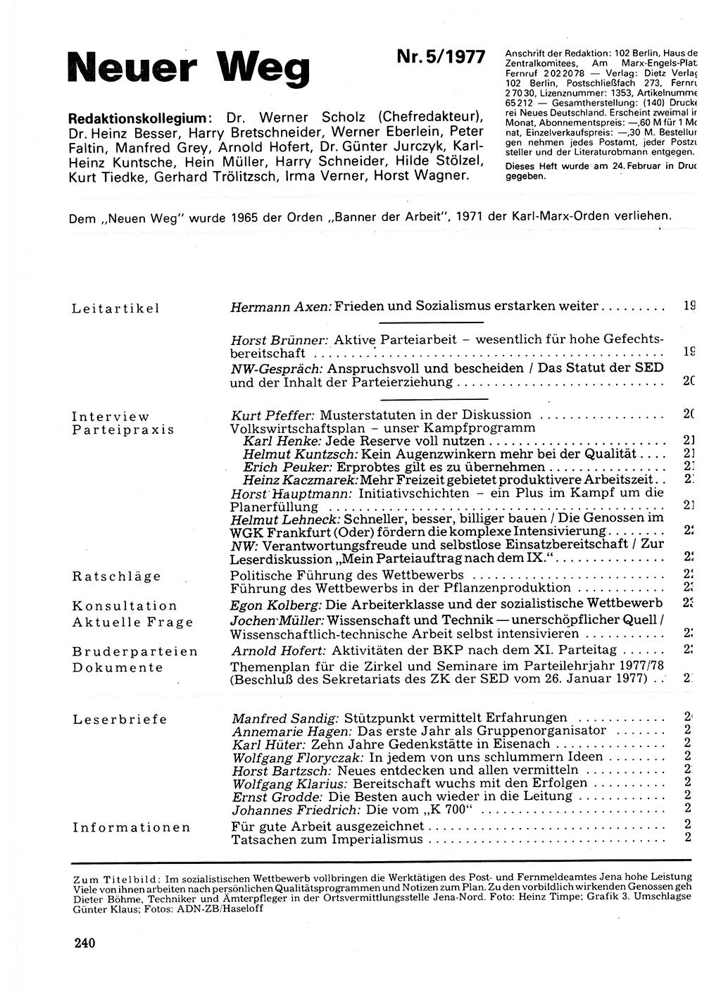 Neuer Weg (NW), Organ des Zentralkomitees (ZK) der SED (Sozialistische Einheitspartei Deutschlands) für Fragen des Parteilebens, 32. Jahrgang [Deutsche Demokratische Republik (DDR)] 1977, Seite 240 (NW ZK SED DDR 1977, S. 240)