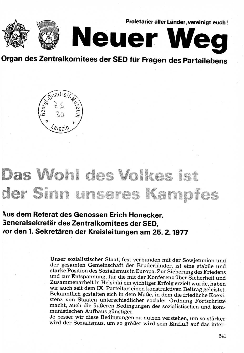 Neuer Weg (NW), Organ des Zentralkomitees (ZK) der SED (Sozialistische Einheitspartei Deutschlands) für Fragen des Parteilebens, 32. Jahrgang [Deutsche Demokratische Republik (DDR)] 1977, Seite 241 (NW ZK SED DDR 1977, S. 241)
