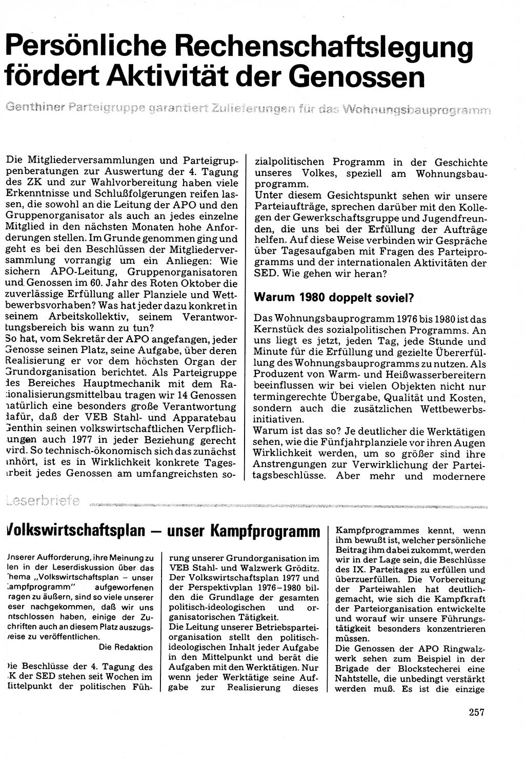 Neuer Weg (NW), Organ des Zentralkomitees (ZK) der SED (Sozialistische Einheitspartei Deutschlands) fÃ¼r Fragen des Parteilebens, 32. Jahrgang [Deutsche Demokratische Republik (DDR)] 1977, Seite 257 (NW ZK SED DDR 1977, S. 257)
