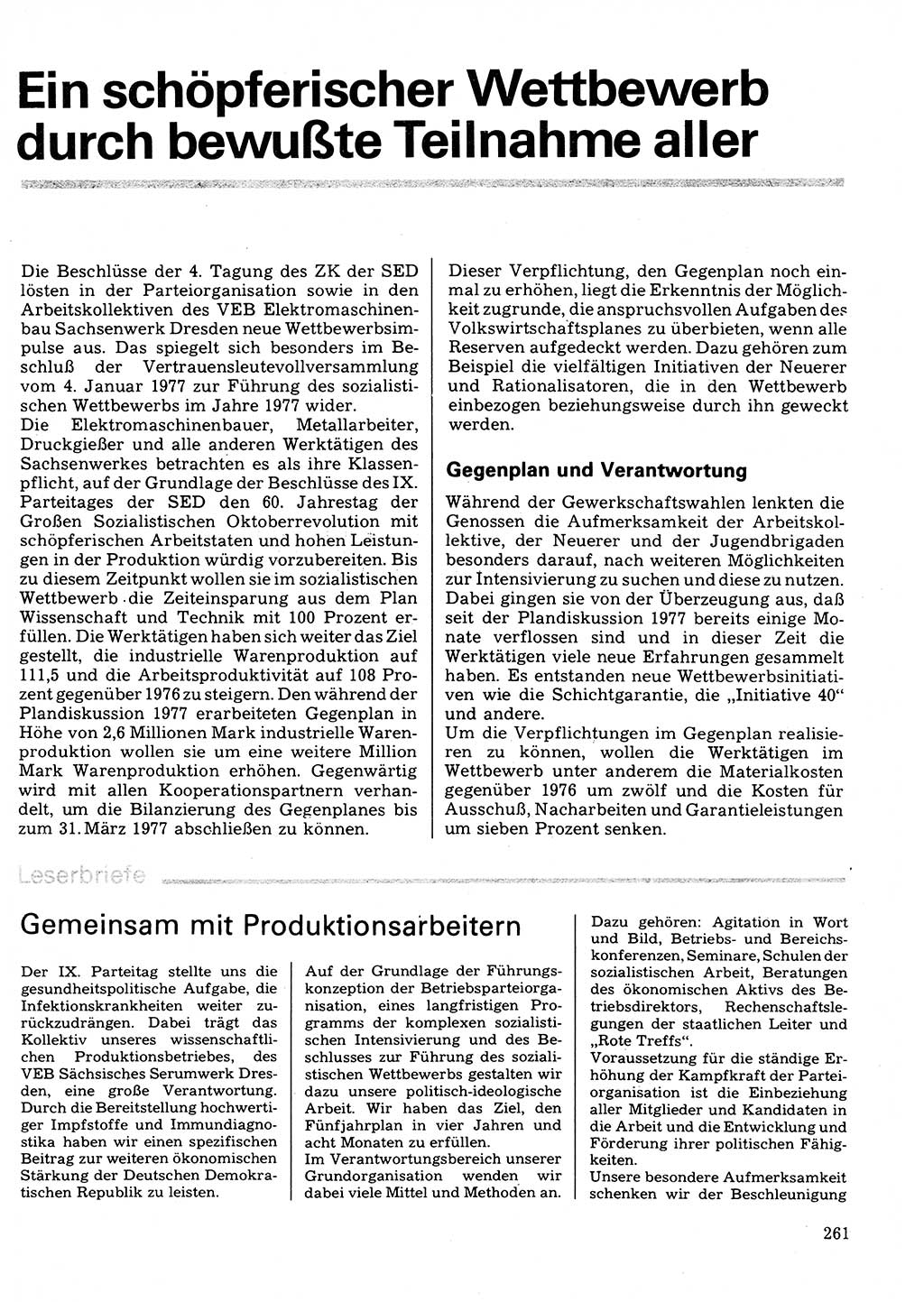 Neuer Weg (NW), Organ des Zentralkomitees (ZK) der SED (Sozialistische Einheitspartei Deutschlands) für Fragen des Parteilebens, 32. Jahrgang [Deutsche Demokratische Republik (DDR)] 1977, Seite 261 (NW ZK SED DDR 1977, S. 261)