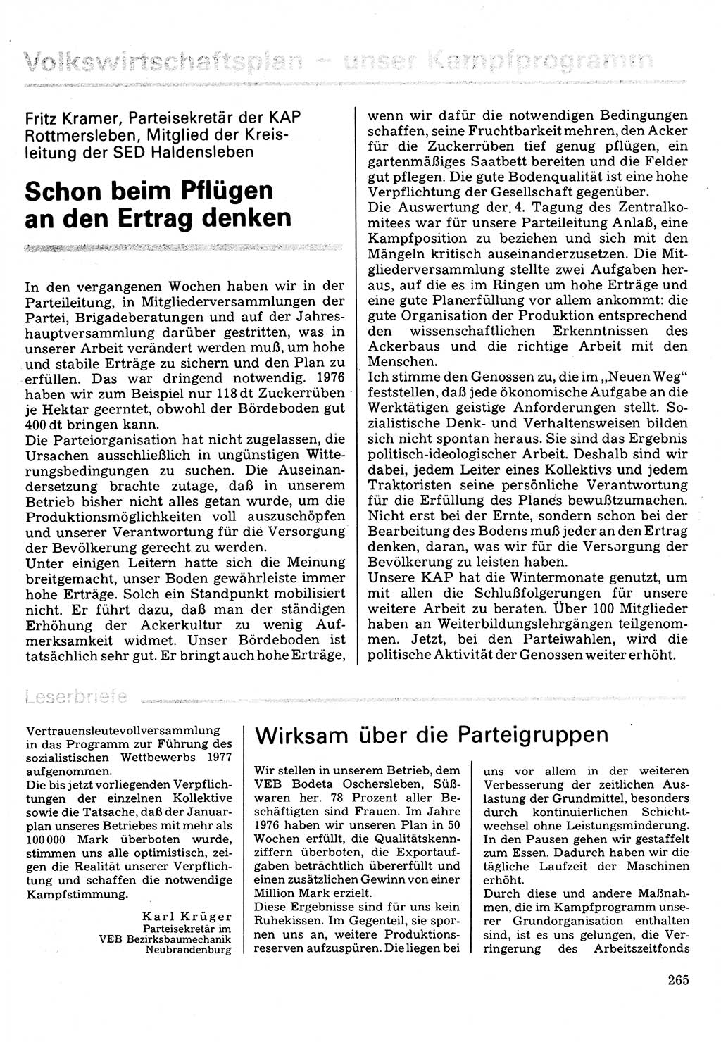 Neuer Weg (NW), Organ des Zentralkomitees (ZK) der SED (Sozialistische Einheitspartei Deutschlands) für Fragen des Parteilebens, 32. Jahrgang [Deutsche Demokratische Republik (DDR)] 1977, Seite 265 (NW ZK SED DDR 1977, S. 265)