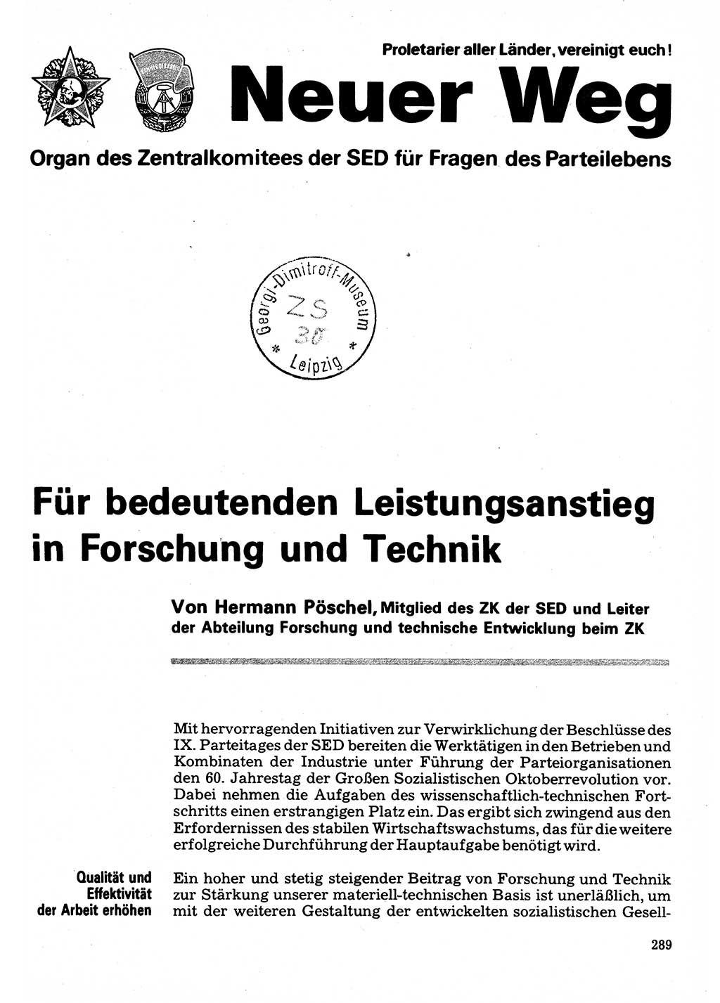 Neuer Weg (NW), Organ des Zentralkomitees (ZK) der SED (Sozialistische Einheitspartei Deutschlands) für Fragen des Parteilebens, 32. Jahrgang [Deutsche Demokratische Republik (DDR)] 1977, Seite 289 (NW ZK SED DDR 1977, S. 289)