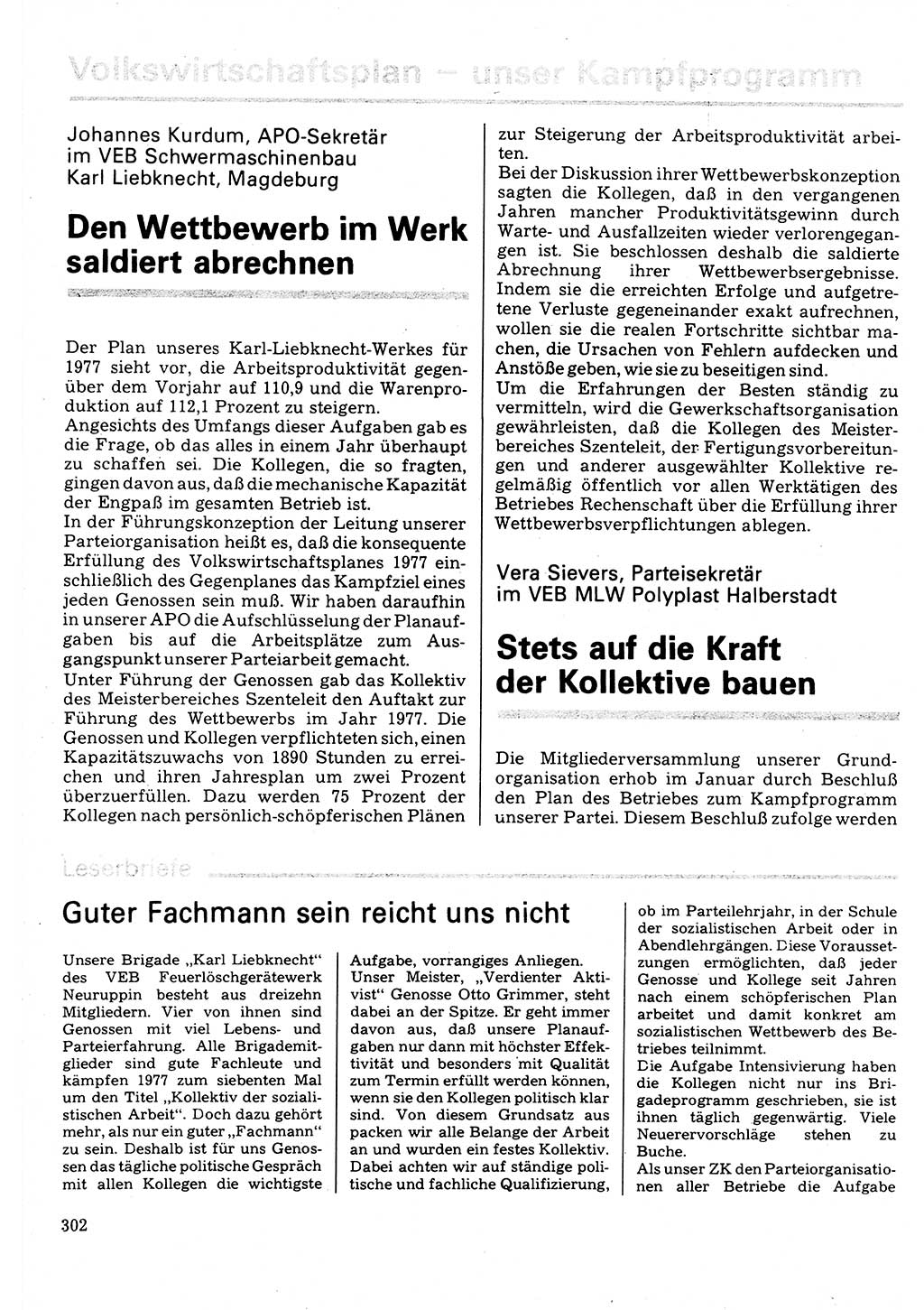 Neuer Weg (NW), Organ des Zentralkomitees (ZK) der SED (Sozialistische Einheitspartei Deutschlands) für Fragen des Parteilebens, 32. Jahrgang [Deutsche Demokratische Republik (DDR)] 1977, Seite 302 (NW ZK SED DDR 1977, S. 302)