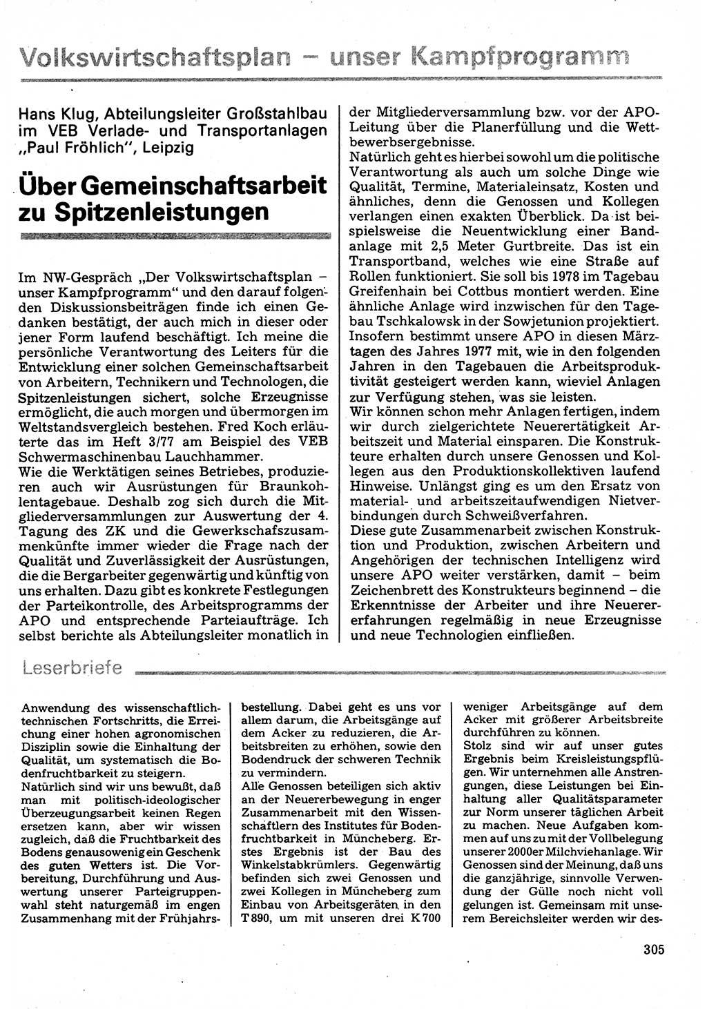 Neuer Weg (NW), Organ des Zentralkomitees (ZK) der SED (Sozialistische Einheitspartei Deutschlands) für Fragen des Parteilebens, 32. Jahrgang [Deutsche Demokratische Republik (DDR)] 1977, Seite 305 (NW ZK SED DDR 1977, S. 305)