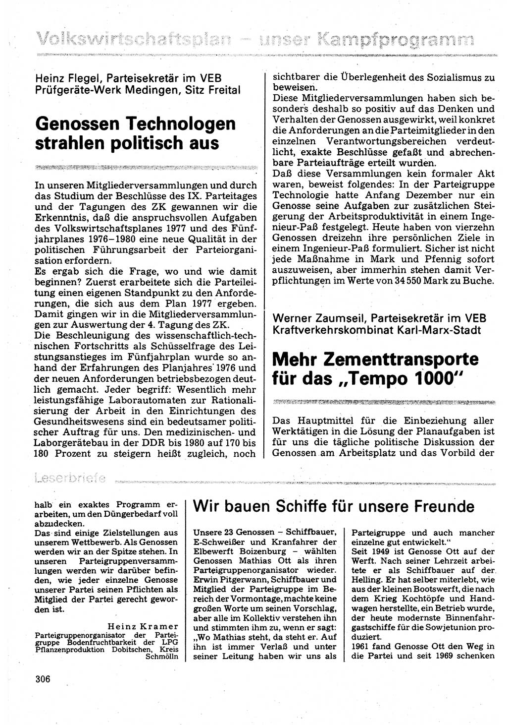 Neuer Weg (NW), Organ des Zentralkomitees (ZK) der SED (Sozialistische Einheitspartei Deutschlands) für Fragen des Parteilebens, 32. Jahrgang [Deutsche Demokratische Republik (DDR)] 1977, Seite 306 (NW ZK SED DDR 1977, S. 306)
