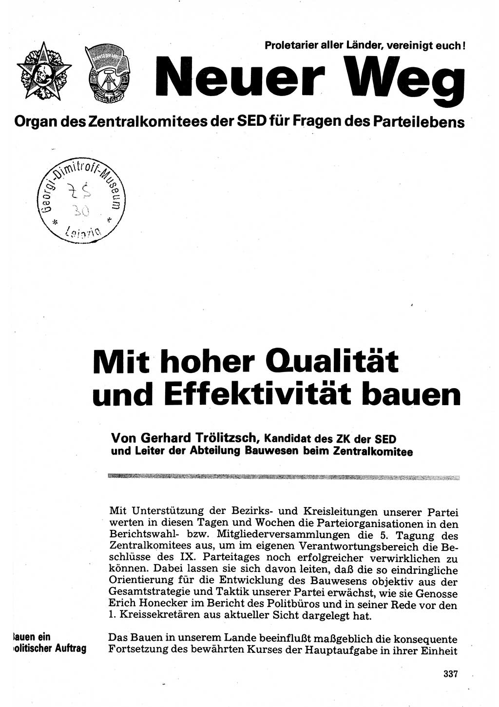 Neuer Weg (NW), Organ des Zentralkomitees (ZK) der SED (Sozialistische Einheitspartei Deutschlands) für Fragen des Parteilebens, 32. Jahrgang [Deutsche Demokratische Republik (DDR)] 1977, Seite 337 (NW ZK SED DDR 1977, S. 337)