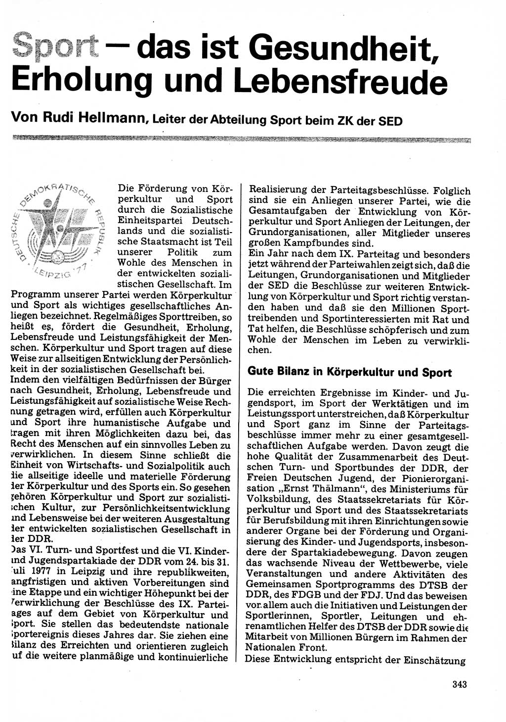 Neuer Weg (NW), Organ des Zentralkomitees (ZK) der SED (Sozialistische Einheitspartei Deutschlands) für Fragen des Parteilebens, 32. Jahrgang [Deutsche Demokratische Republik (DDR)] 1977, Seite 343 (NW ZK SED DDR 1977, S. 343)