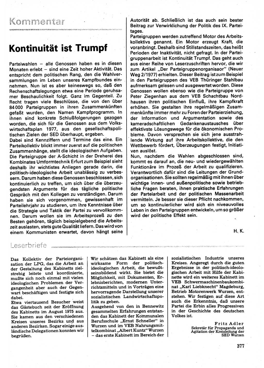 Neuer Weg (NW), Organ des Zentralkomitees (ZK) der SED (Sozialistische Einheitspartei Deutschlands) für Fragen des Parteilebens, 32. Jahrgang [Deutsche Demokratische Republik (DDR)] 1977, Seite 377 (NW ZK SED DDR 1977, S. 377)