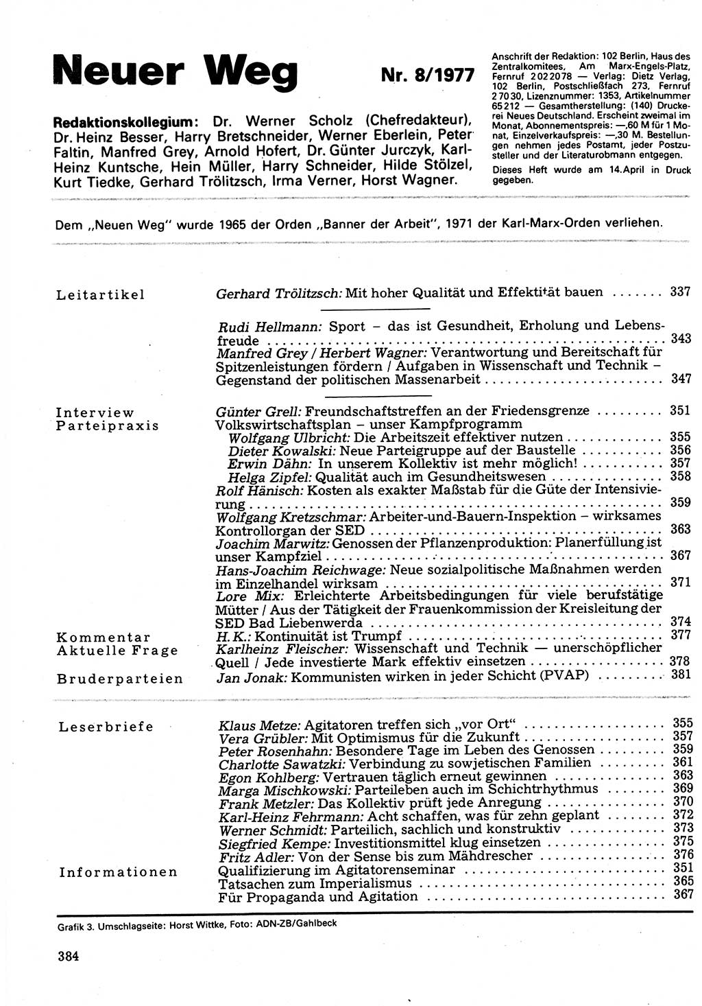 Neuer Weg (NW), Organ des Zentralkomitees (ZK) der SED (Sozialistische Einheitspartei Deutschlands) für Fragen des Parteilebens, 32. Jahrgang [Deutsche Demokratische Republik (DDR)] 1977, Seite 384 (NW ZK SED DDR 1977, S. 384)