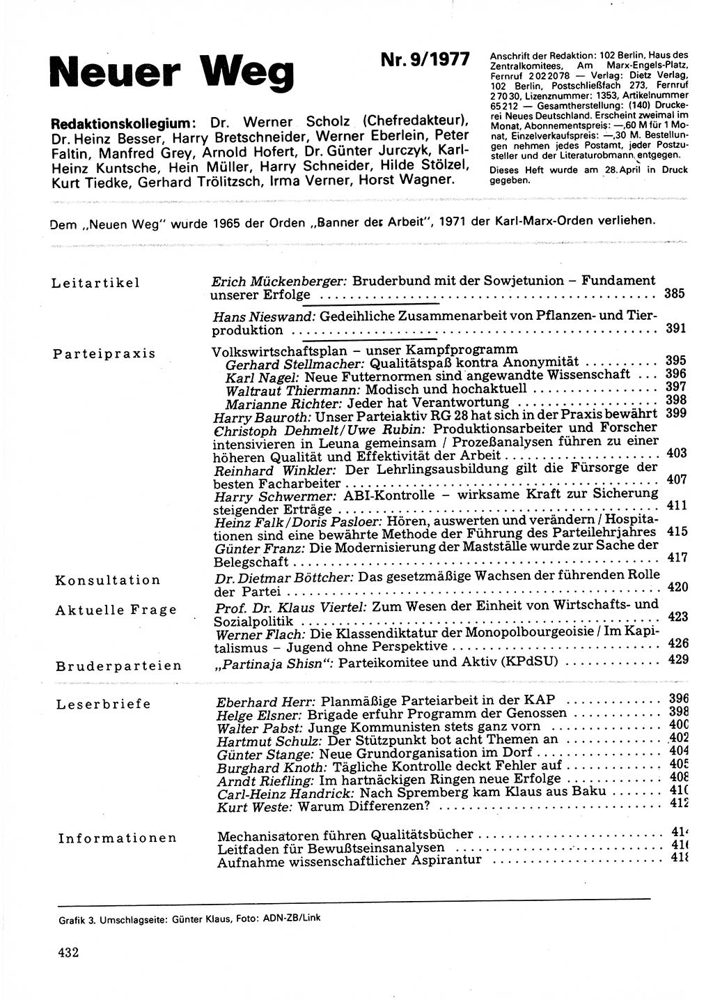 Neuer Weg (NW), Organ des Zentralkomitees (ZK) der SED (Sozialistische Einheitspartei Deutschlands) für Fragen des Parteilebens, 32. Jahrgang [Deutsche Demokratische Republik (DDR)] 1977, Seite 432 (NW ZK SED DDR 1977, S. 432)