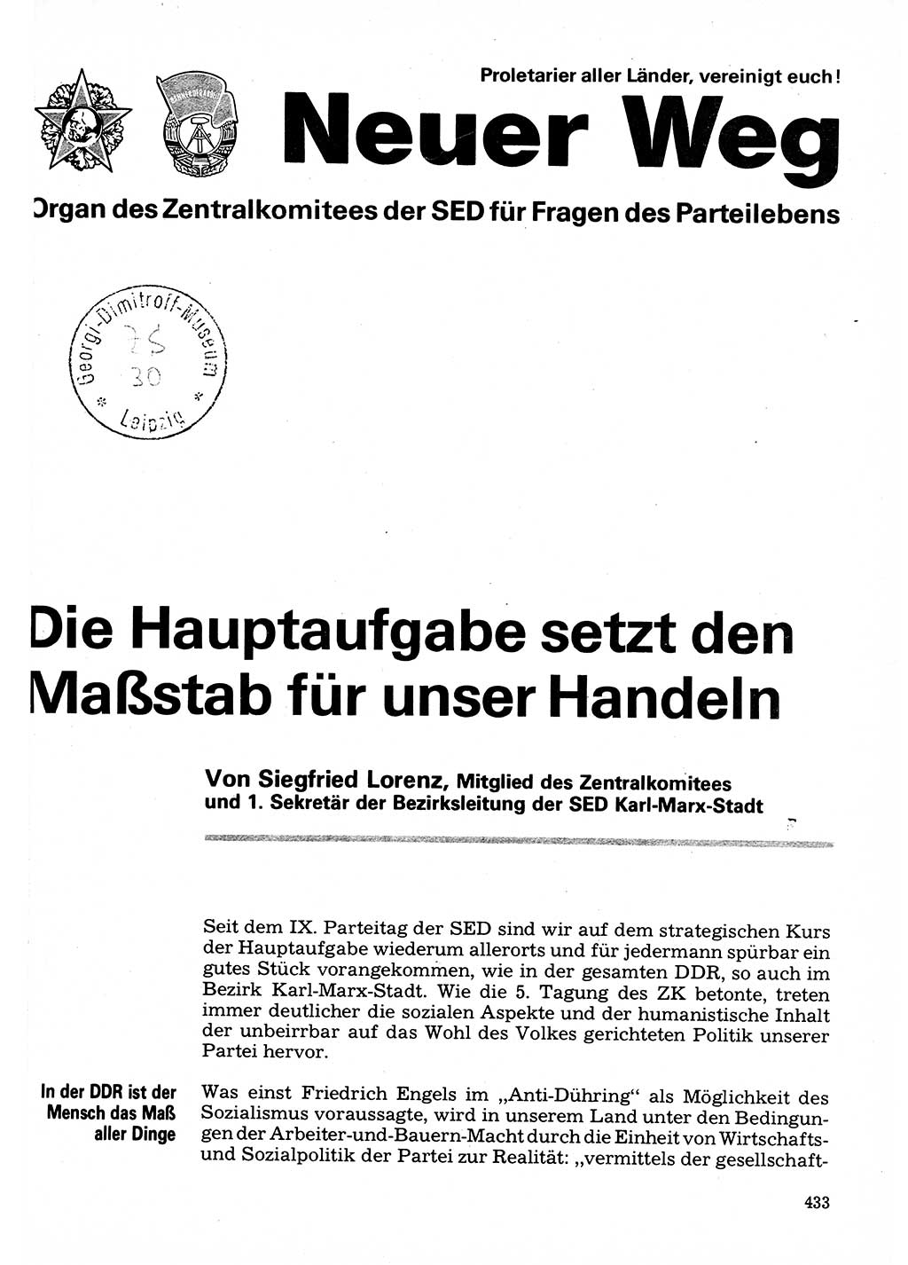 Neuer Weg (NW), Organ des Zentralkomitees (ZK) der SED (Sozialistische Einheitspartei Deutschlands) für Fragen des Parteilebens, 32. Jahrgang [Deutsche Demokratische Republik (DDR)] 1977, Seite 433 (NW ZK SED DDR 1977, S. 433)