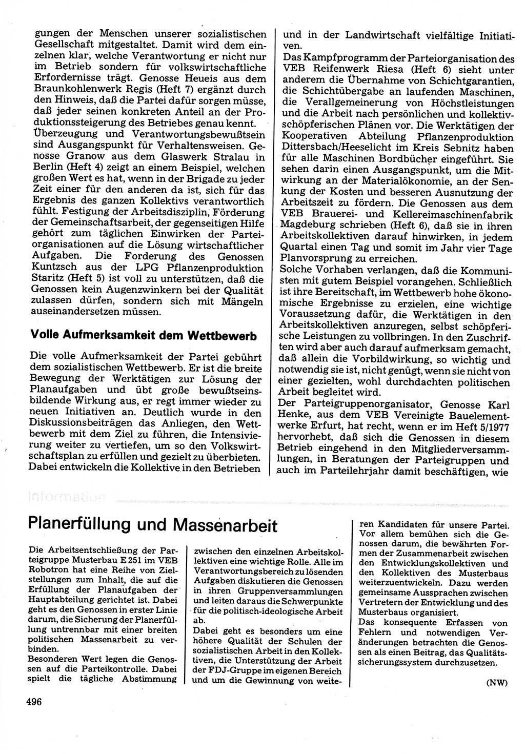 Neuer Weg (NW), Organ des Zentralkomitees (ZK) der SED (Sozialistische Einheitspartei Deutschlands) für Fragen des Parteilebens, 32. Jahrgang [Deutsche Demokratische Republik (DDR)] 1977, Seite 496 (NW ZK SED DDR 1977, S. 496)