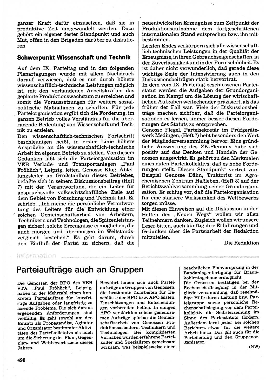 Neuer Weg (NW), Organ des Zentralkomitees (ZK) der SED (Sozialistische Einheitspartei Deutschlands) für Fragen des Parteilebens, 32. Jahrgang [Deutsche Demokratische Republik (DDR)] 1977, Seite 498 (NW ZK SED DDR 1977, S. 498)