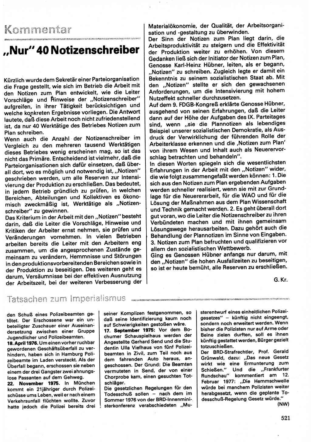 Neuer Weg (NW), Organ des Zentralkomitees (ZK) der SED (Sozialistische Einheitspartei Deutschlands) für Fragen des Parteilebens, 32. Jahrgang [Deutsche Demokratische Republik (DDR)] 1977, Seite 521 (NW ZK SED DDR 1977, S. 521)