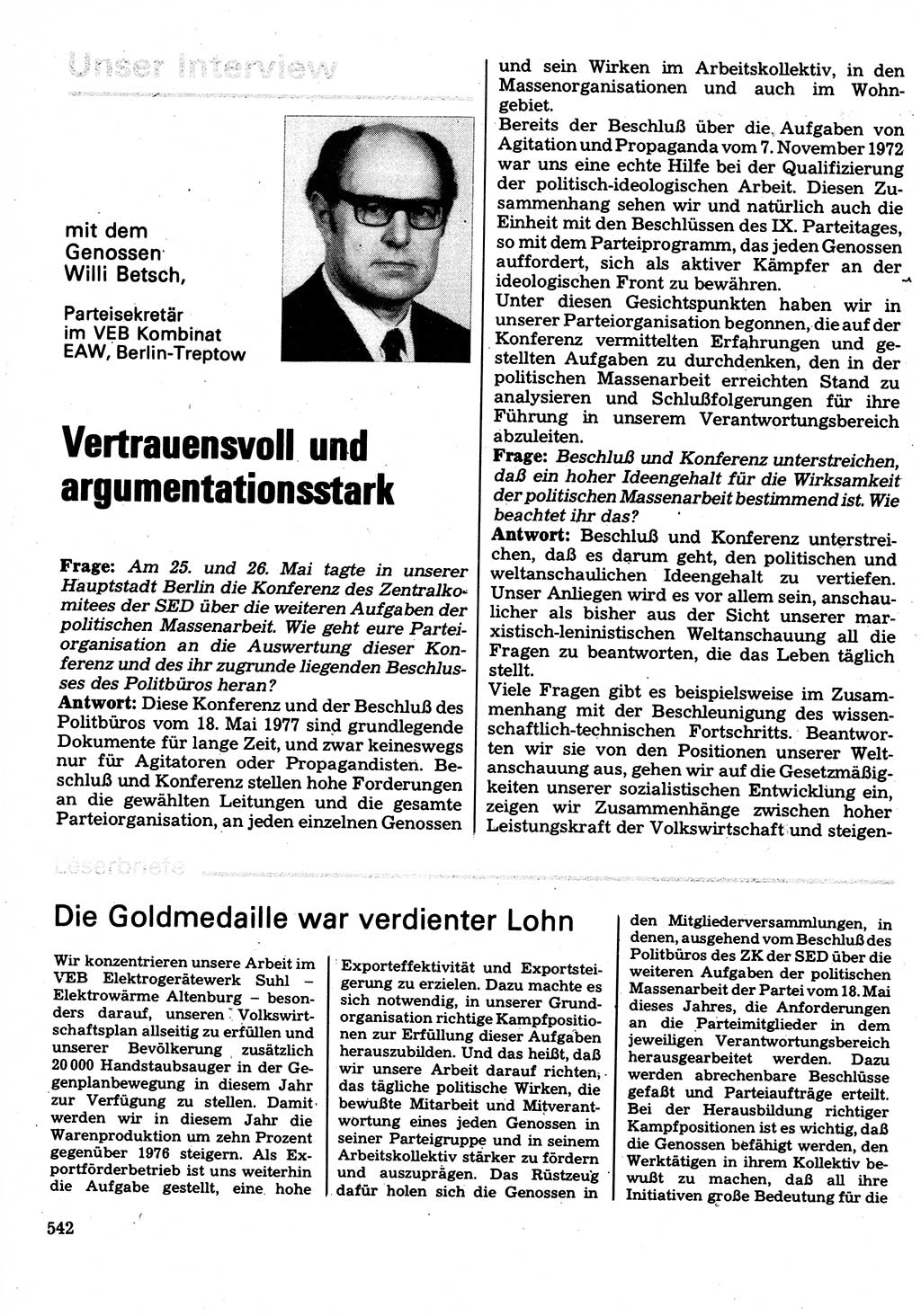 Neuer Weg (NW), Organ des Zentralkomitees (ZK) der SED (Sozialistische Einheitspartei Deutschlands) für Fragen des Parteilebens, 32. Jahrgang [Deutsche Demokratische Republik (DDR)] 1977, Seite 542 (NW ZK SED DDR 1977, S. 542)