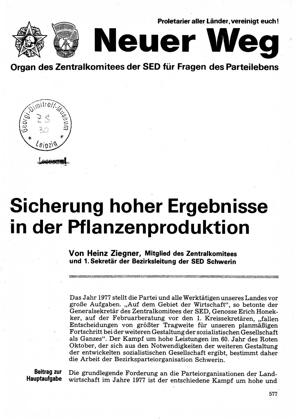 Neuer Weg (NW), Organ des Zentralkomitees (ZK) der SED (Sozialistische Einheitspartei Deutschlands) für Fragen des Parteilebens, 32. Jahrgang [Deutsche Demokratische Republik (DDR)] 1977, Seite 577 (NW ZK SED DDR 1977, S. 577)