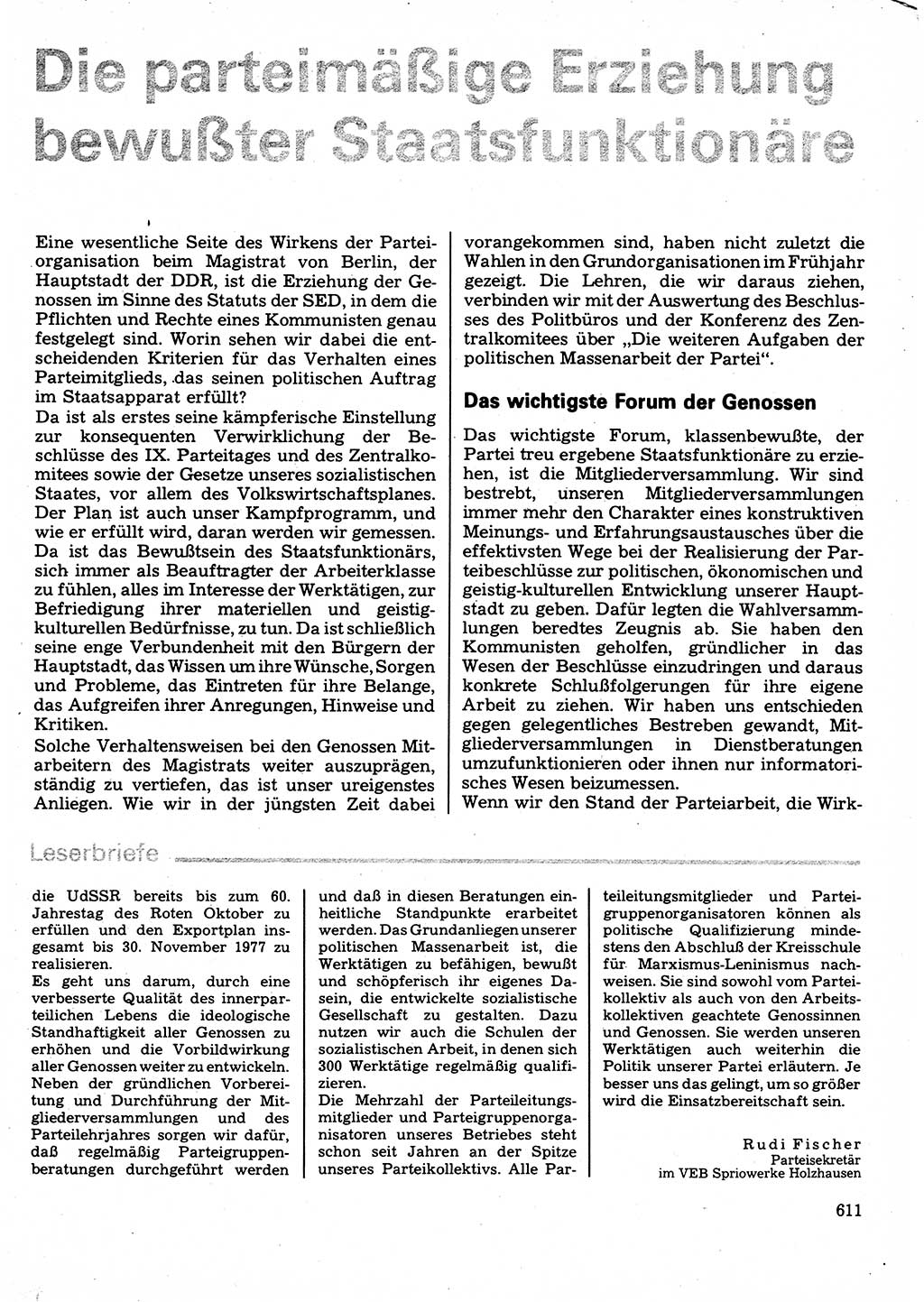Neuer Weg (NW), Organ des Zentralkomitees (ZK) der SED (Sozialistische Einheitspartei Deutschlands) für Fragen des Parteilebens, 32. Jahrgang [Deutsche Demokratische Republik (DDR)] 1977, Seite 611 (NW ZK SED DDR 1977, S. 611)