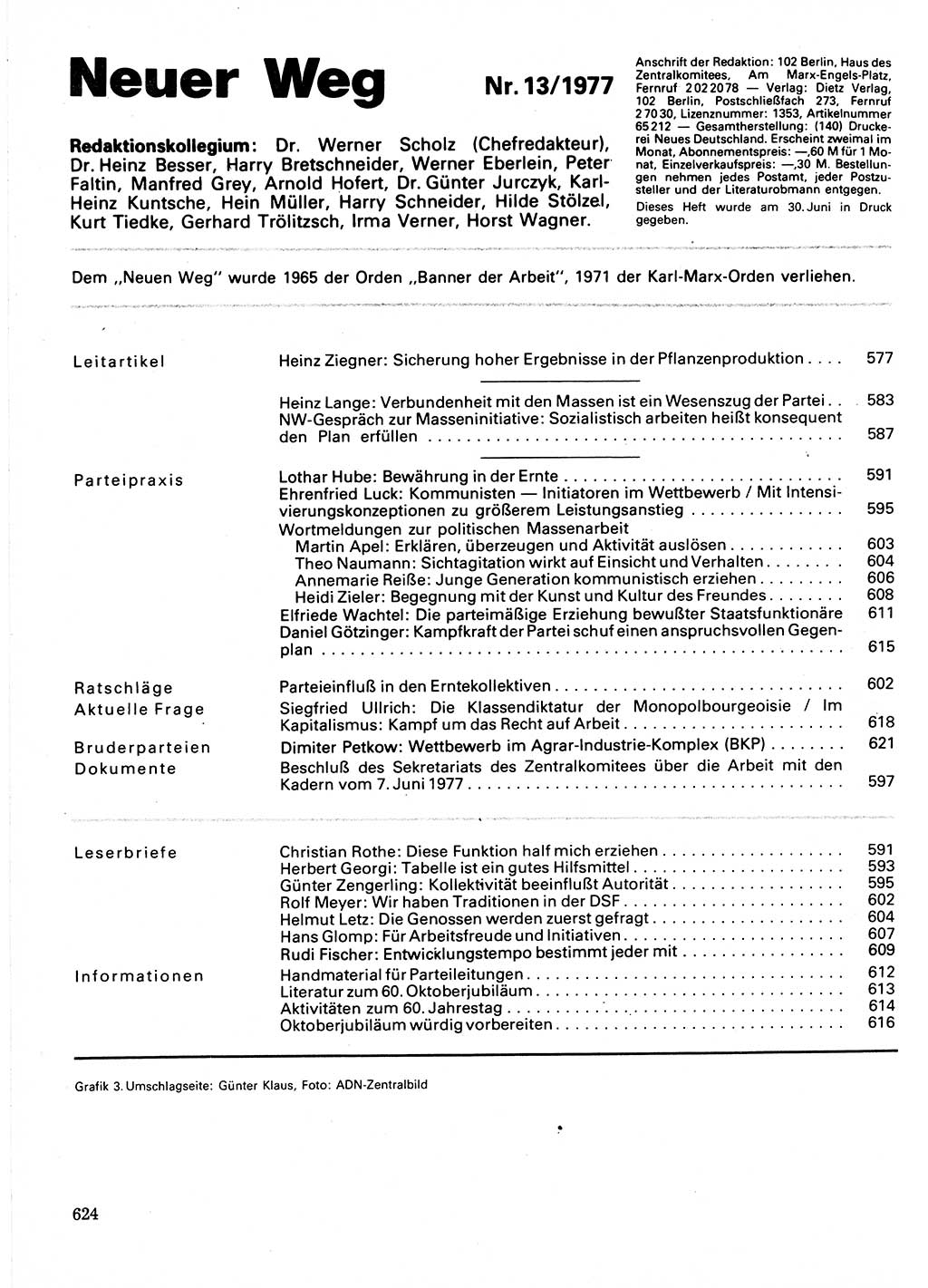 Neuer Weg (NW), Organ des Zentralkomitees (ZK) der SED (Sozialistische Einheitspartei Deutschlands) für Fragen des Parteilebens, 32. Jahrgang [Deutsche Demokratische Republik (DDR)] 1977, Seite 624 (NW ZK SED DDR 1977, S. 624)
