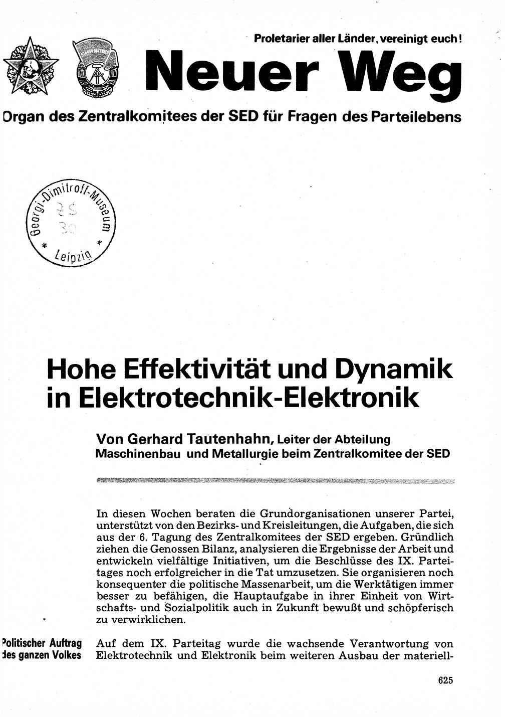 Neuer Weg (NW), Organ des Zentralkomitees (ZK) der SED (Sozialistische Einheitspartei Deutschlands) für Fragen des Parteilebens, 32. Jahrgang [Deutsche Demokratische Republik (DDR)] 1977, Seite 625 (NW ZK SED DDR 1977, S. 625)