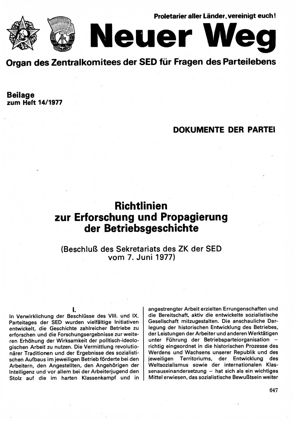 Neuer Weg (NW), Organ des Zentralkomitees (ZK) der SED (Sozialistische Einheitspartei Deutschlands) für Fragen des Parteilebens, 32. Jahrgang [Deutsche Demokratische Republik (DDR)] 1977, Seite 647 (NW ZK SED DDR 1977, S. 647)