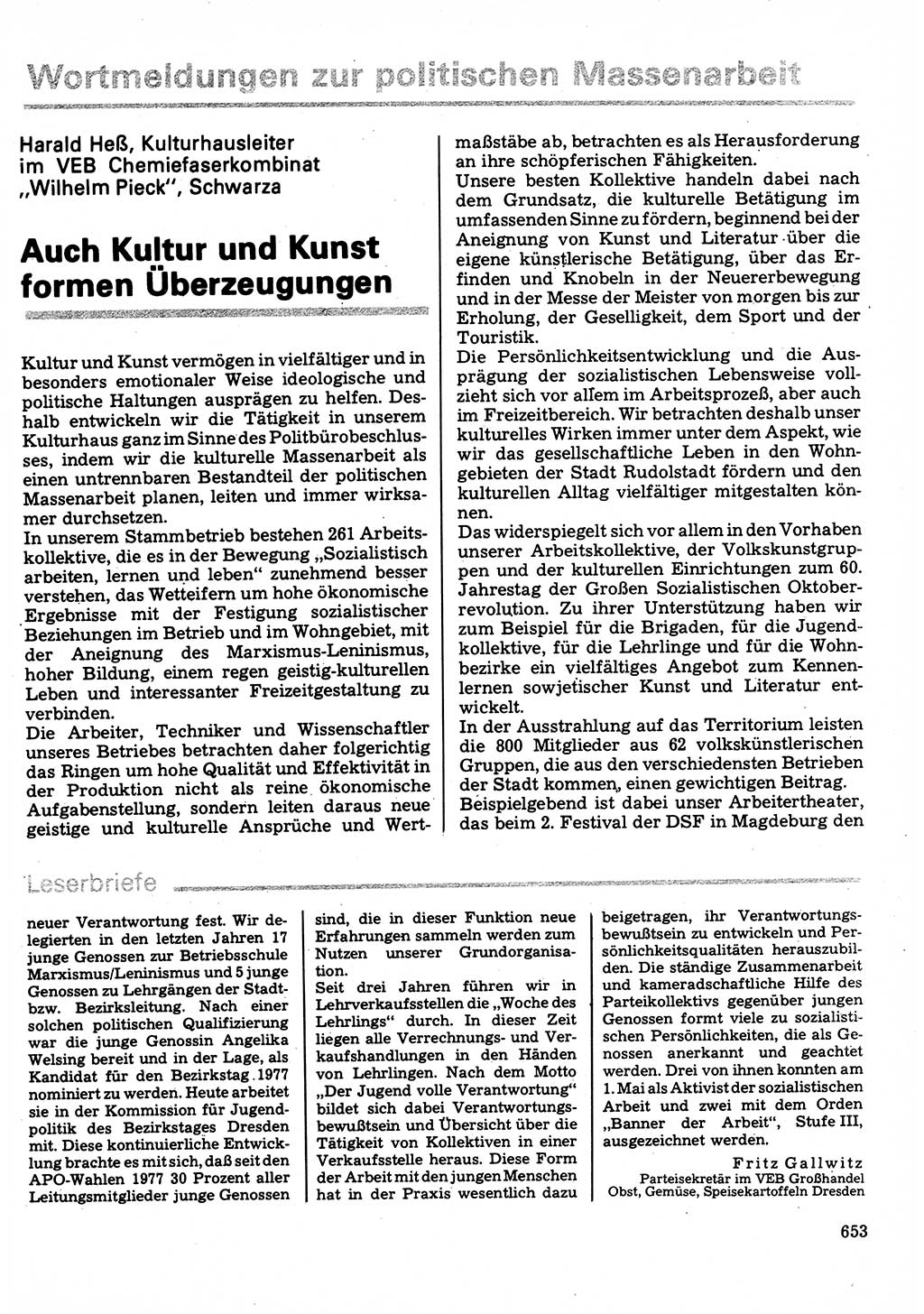Neuer Weg (NW), Organ des Zentralkomitees (ZK) der SED (Sozialistische Einheitspartei Deutschlands) für Fragen des Parteilebens, 32. Jahrgang [Deutsche Demokratische Republik (DDR)] 1977, Seite 653 (NW ZK SED DDR 1977, S. 653)