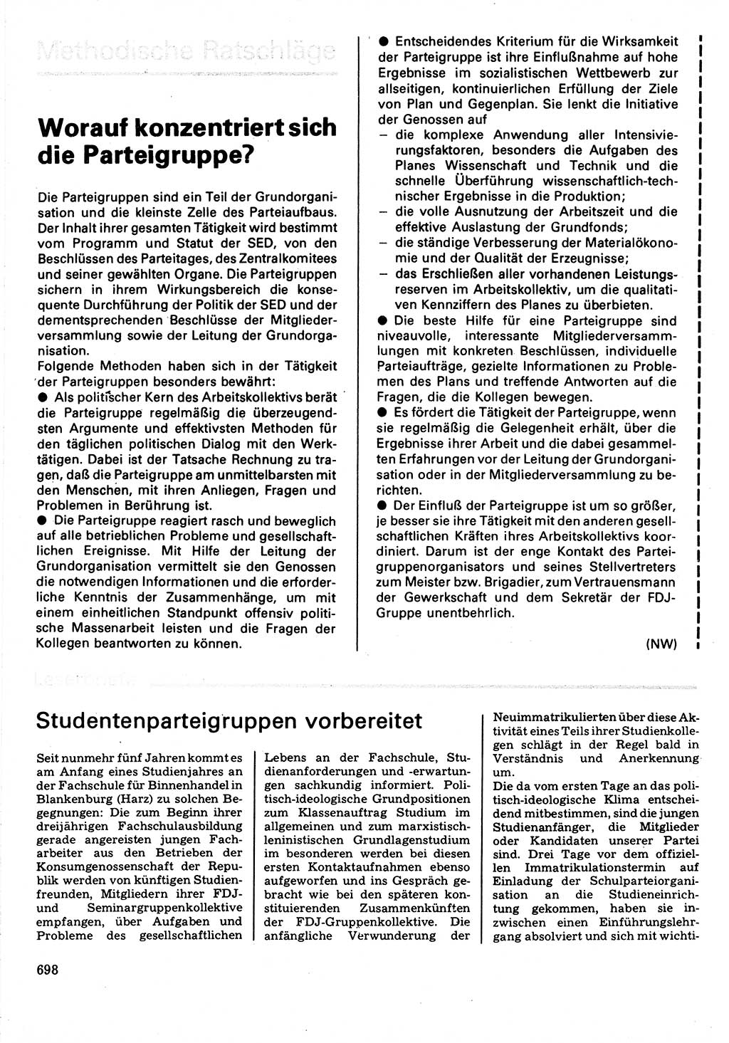Neuer Weg (NW), Organ des Zentralkomitees (ZK) der SED (Sozialistische Einheitspartei Deutschlands) für Fragen des Parteilebens, 32. Jahrgang [Deutsche Demokratische Republik (DDR)] 1977, Seite 698 (NW ZK SED DDR 1977, S. 698)