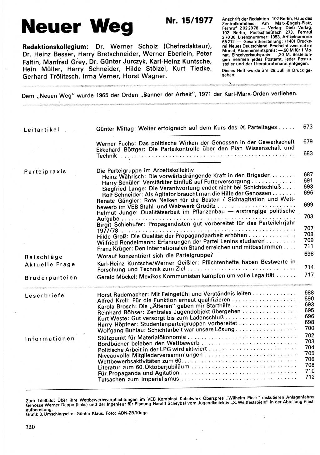 Neuer Weg (NW), Organ des Zentralkomitees (ZK) der SED (Sozialistische Einheitspartei Deutschlands) für Fragen des Parteilebens, 32. Jahrgang [Deutsche Demokratische Republik (DDR)] 1977, Seite 720 (NW ZK SED DDR 1977, S. 720)