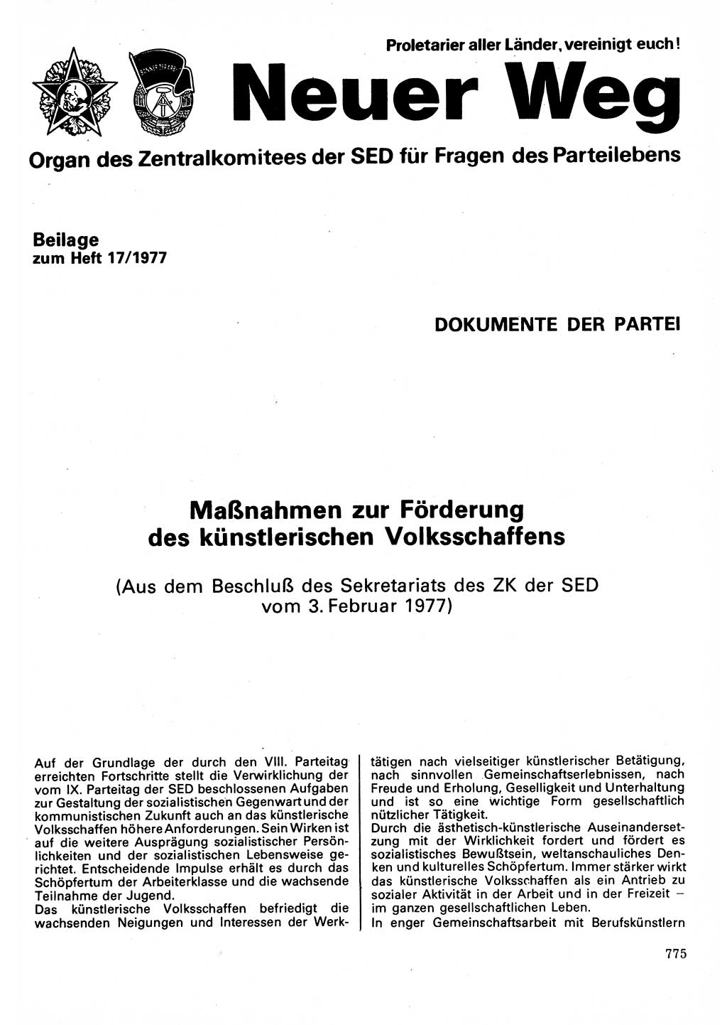 Neuer Weg (NW), Organ des Zentralkomitees (ZK) der SED (Sozialistische Einheitspartei Deutschlands) für Fragen des Parteilebens, 32. Jahrgang [Deutsche Demokratische Republik (DDR)] 1977, Seite 775 (NW ZK SED DDR 1977, S. 775)